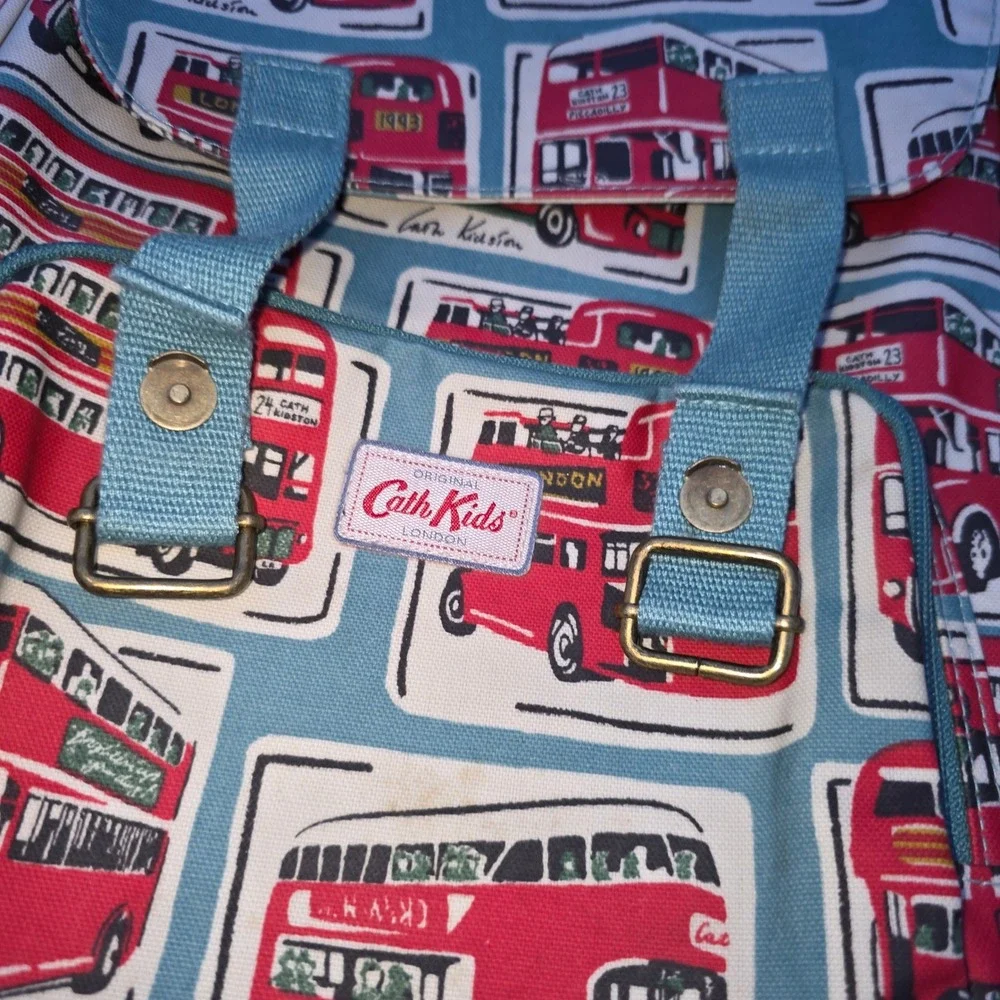 Cath Kids London Red Double Decker Bus Coated Canvas Backpack Rucksack Blue vtg